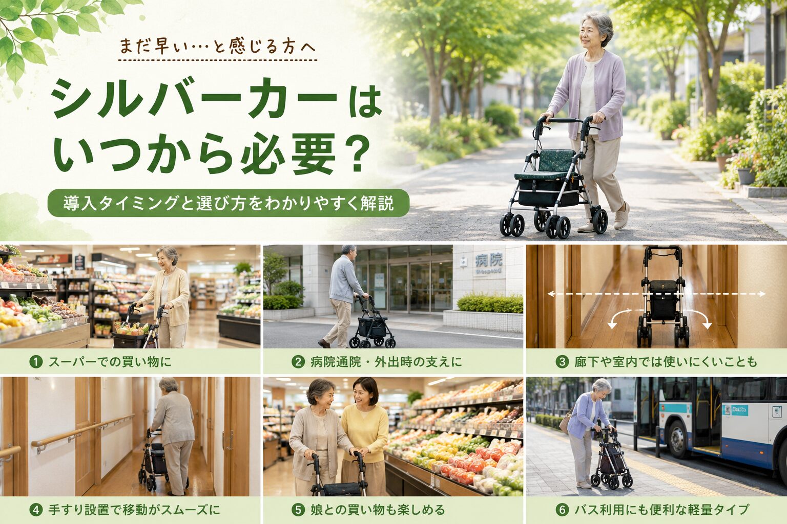 シルバーカーを使って外出する高齢女性。スーパーや病院通院など活躍シーンを紹介