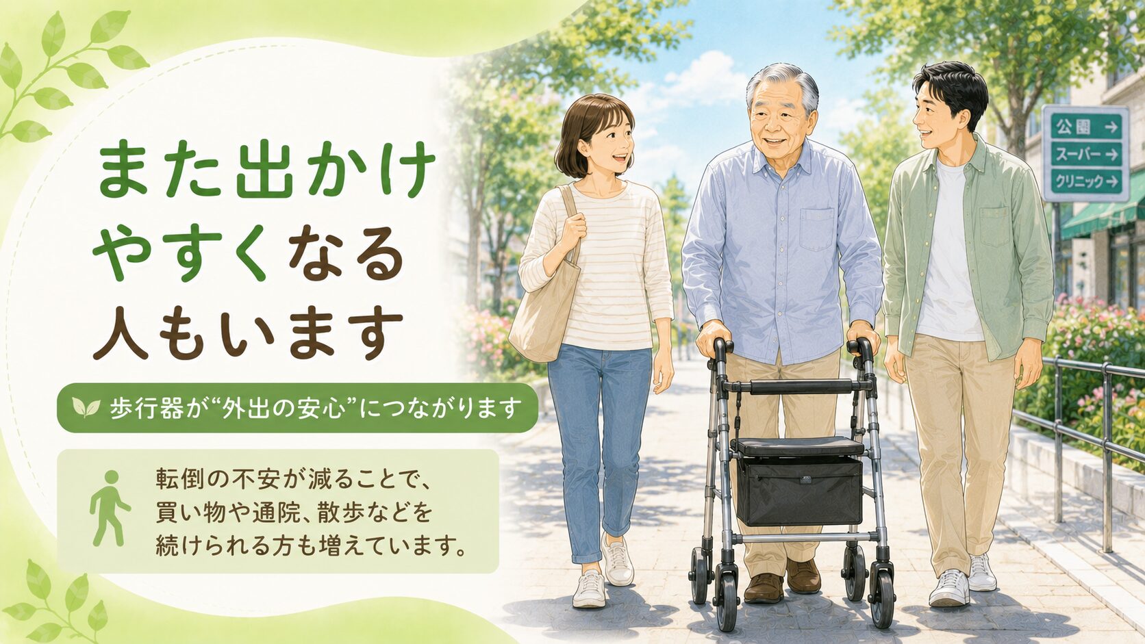 杖では危険_歩行器を使って家族と一緒に外出する高齢男性