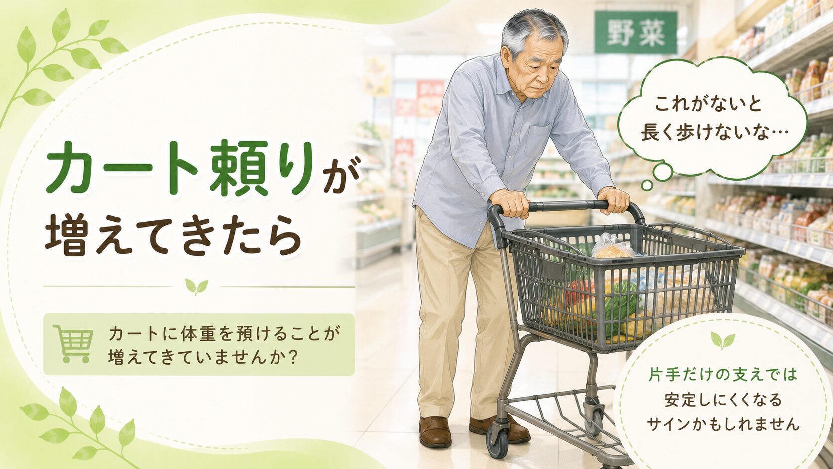 杖では危険_スーパーでカートに体重を預けながら歩く高齢男性