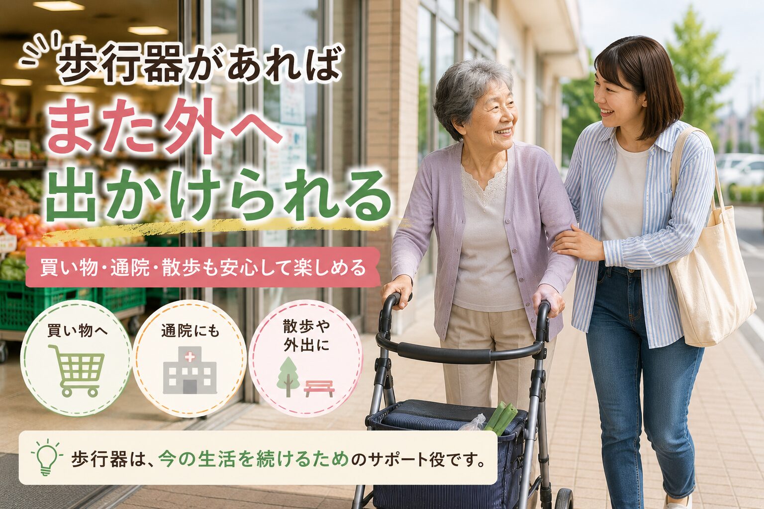 歩行器を使うと歩けなくなる_スーパーのカートに頼りながら歩く高齢男性