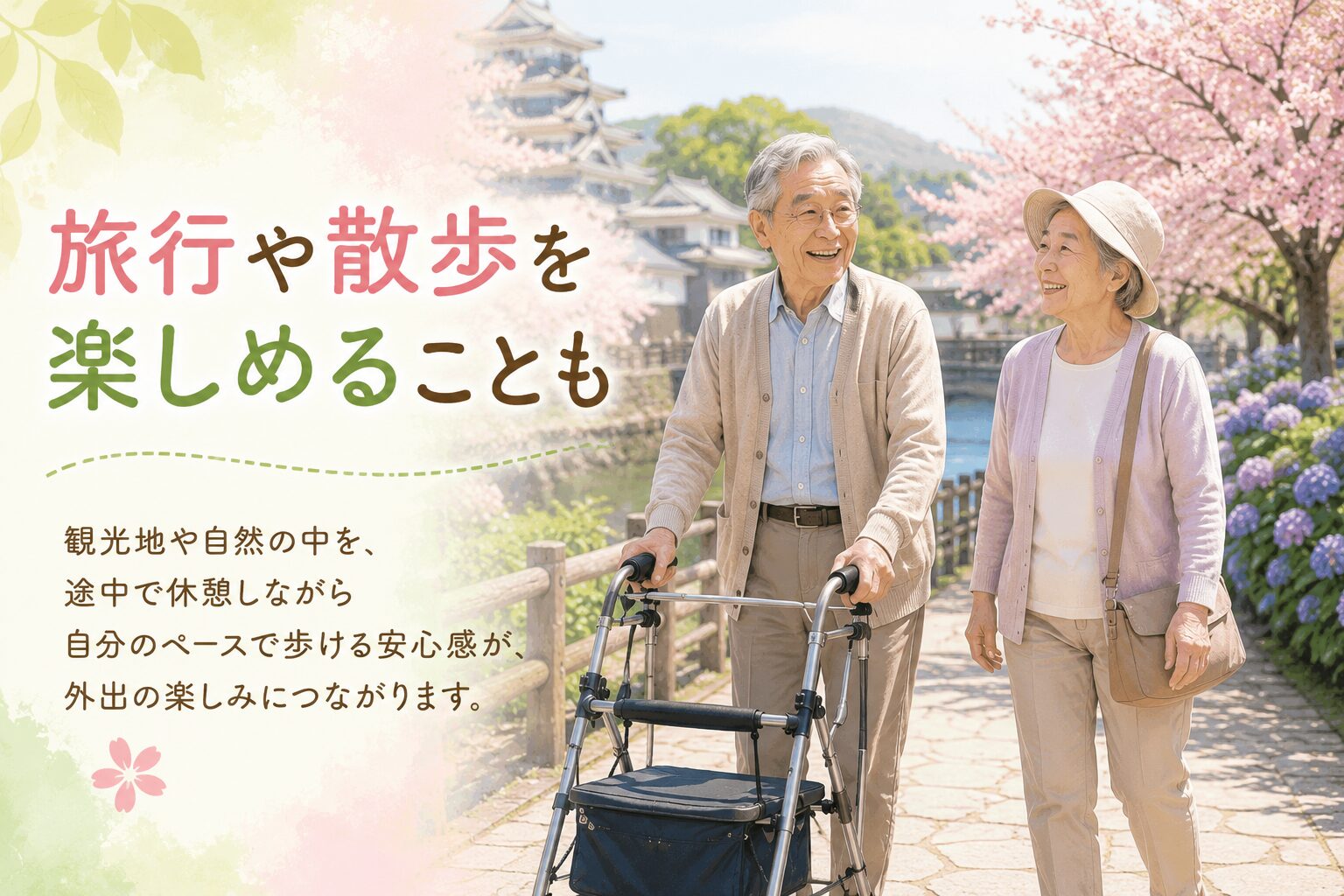歩行器を使うと外出が増える_旅行や散歩を楽しむ老夫婦