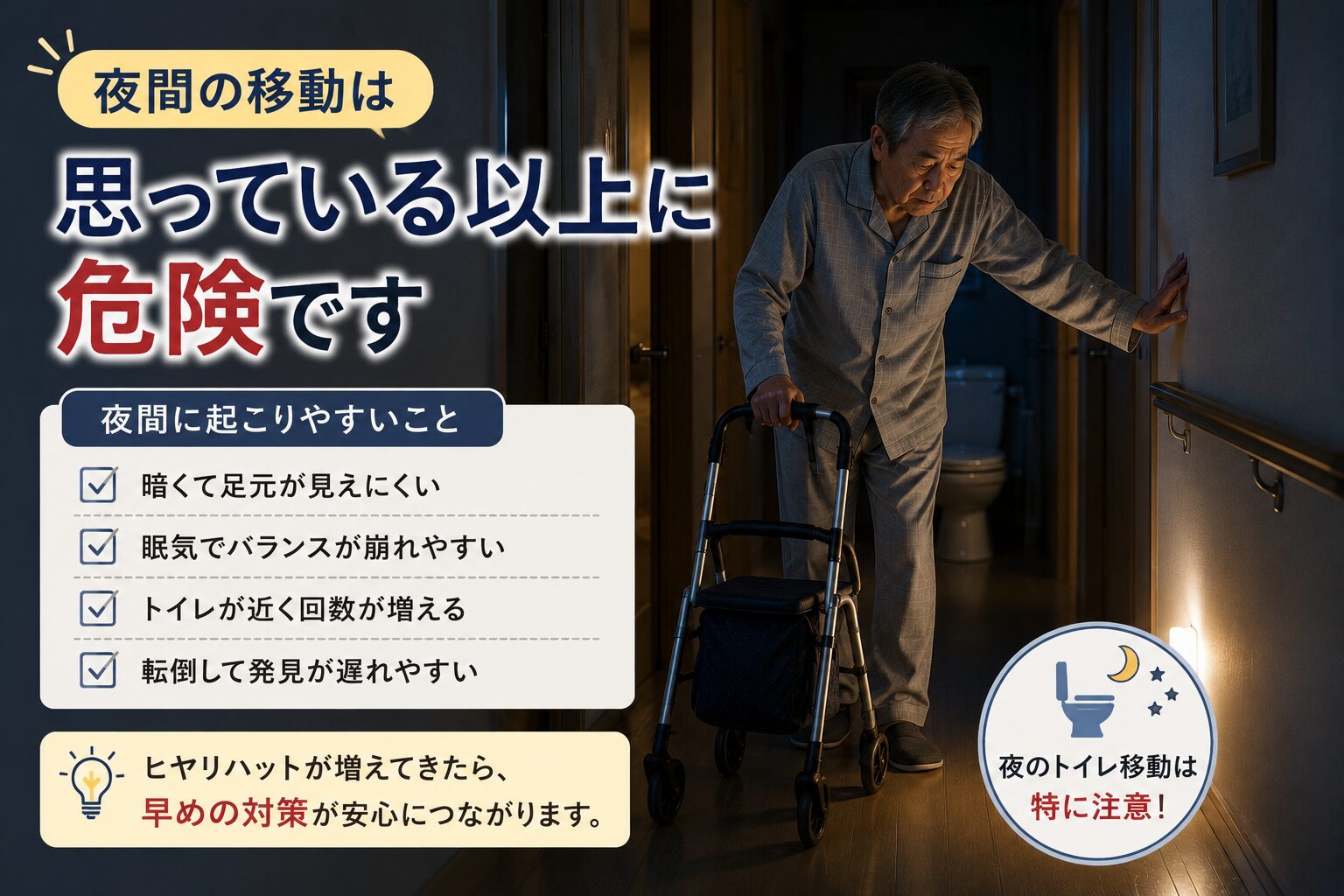 歩行器を使うと歩けなくなる_夜間廊下を歩行器で移動する高齢男性