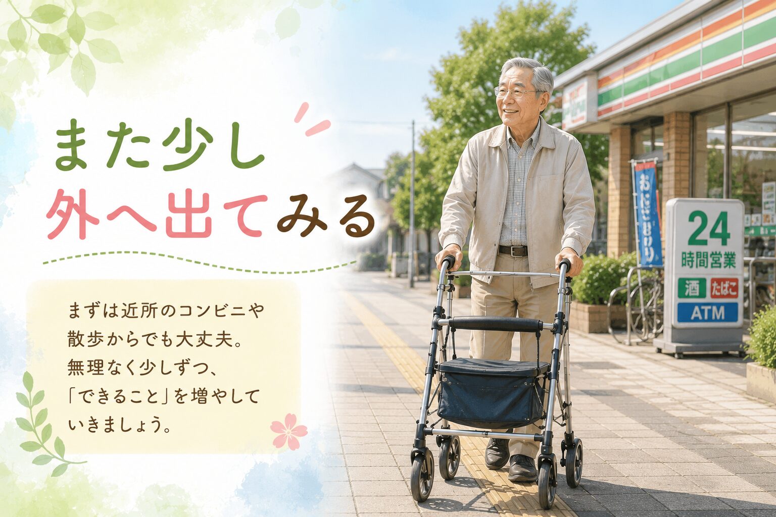 歩行器を使うと外出が増える_近所のコンビニへ外出する高齢男性