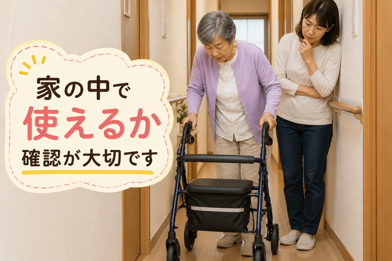 家の廊下で歩行車が通れるか確認している場面