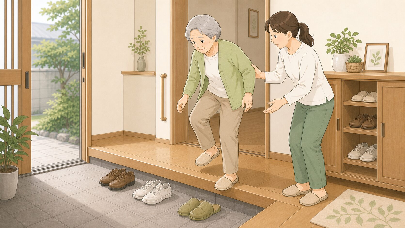 上がり框で昇降している高齢者