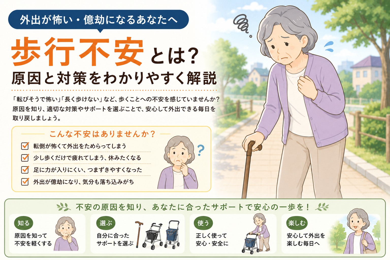 外出が怖い・歩くのが不安で悩む高齢者のイラスト
