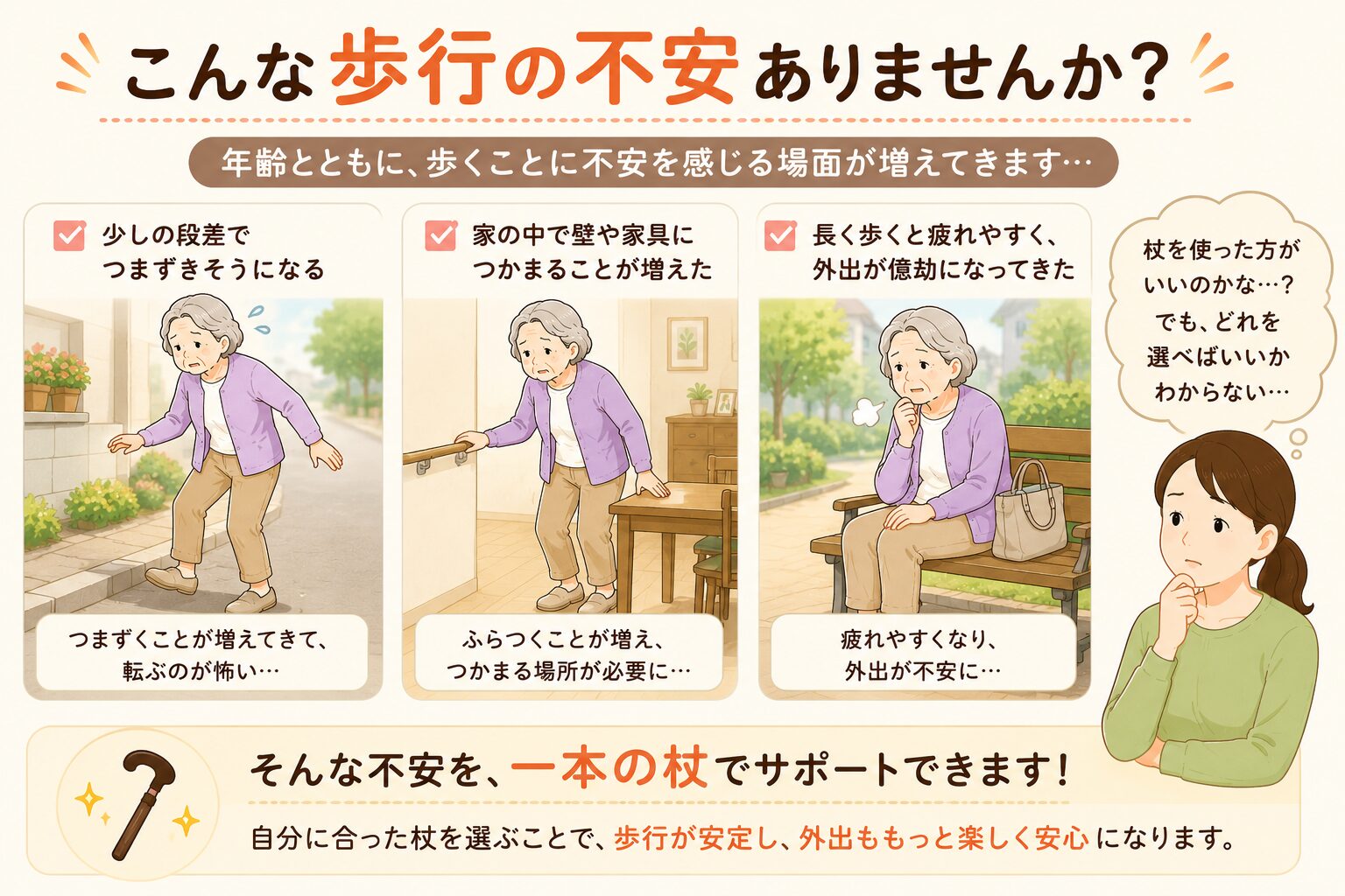 歩行に不安を感じ始めて杖を検討する高齢者