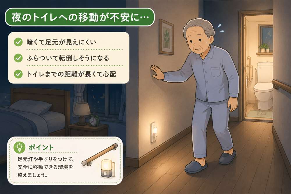 夜のトイレ移動に不安を感じる高齢者