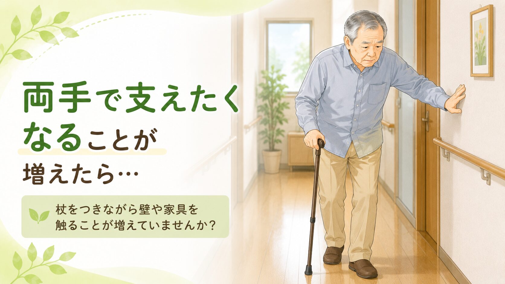 杖では危険_杖と壁づたいで廊下を歩く高齢男性