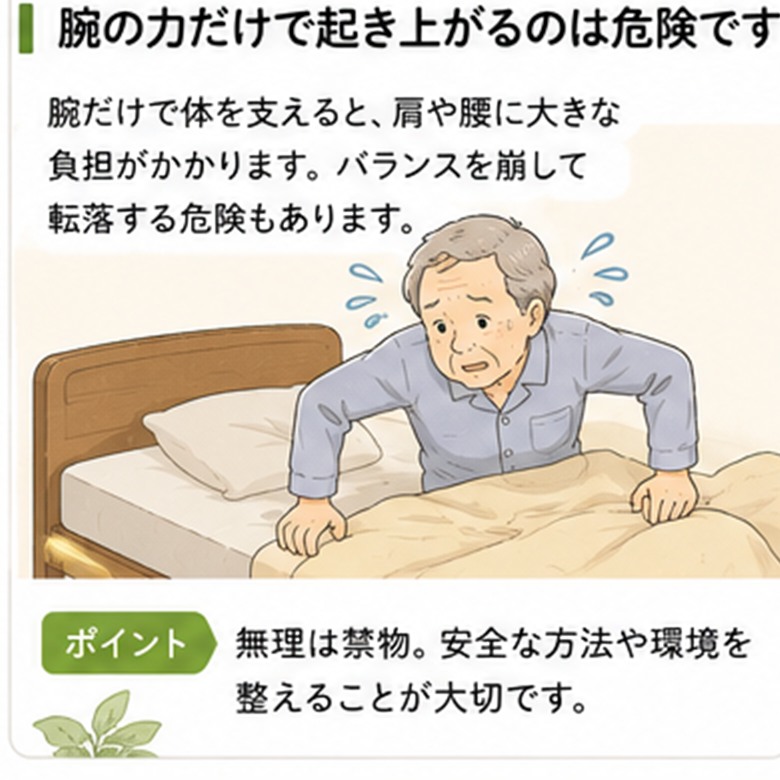 ベッドから腕の力だけで起き上がろうとして苦しそうにしている高齢者のイラスト