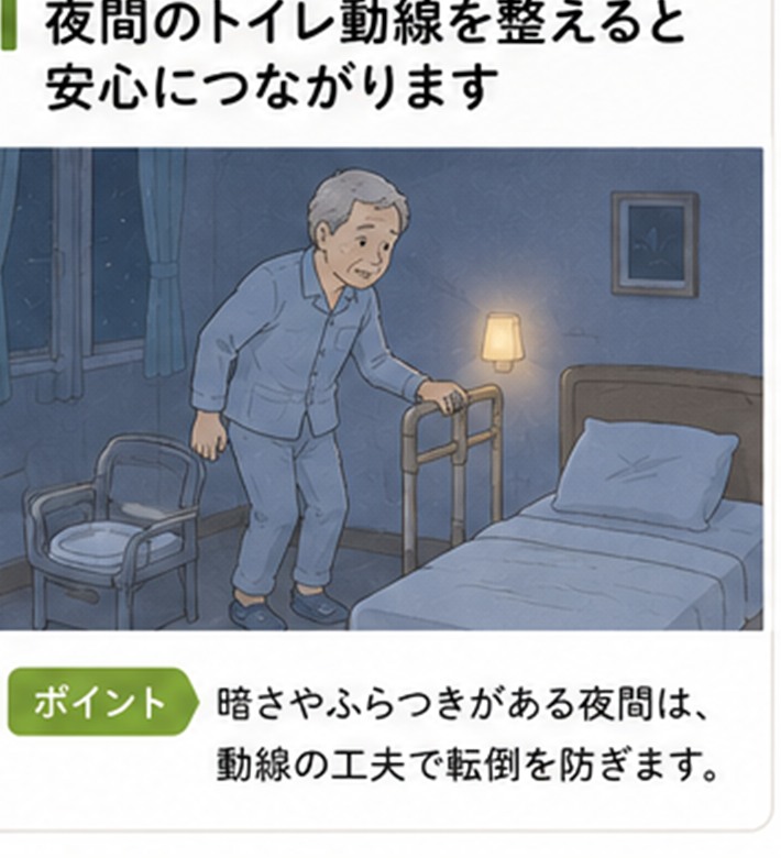 夜間にベッドからトイレへ向かう高齢者のイラスト(暗い部屋)