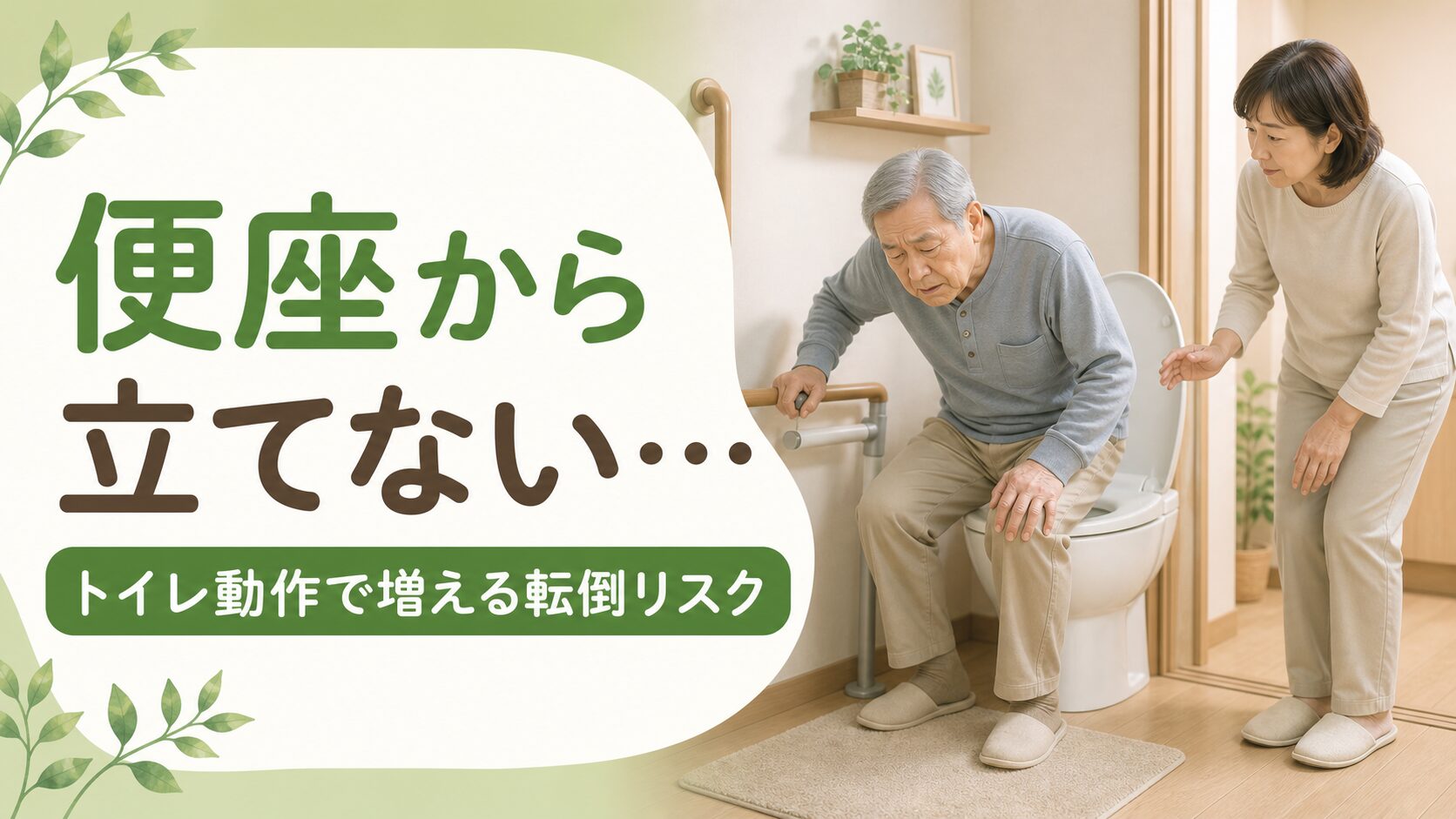 トイレで便座から立ち上がる高齢者を家族が見守る転倒予防イメージ