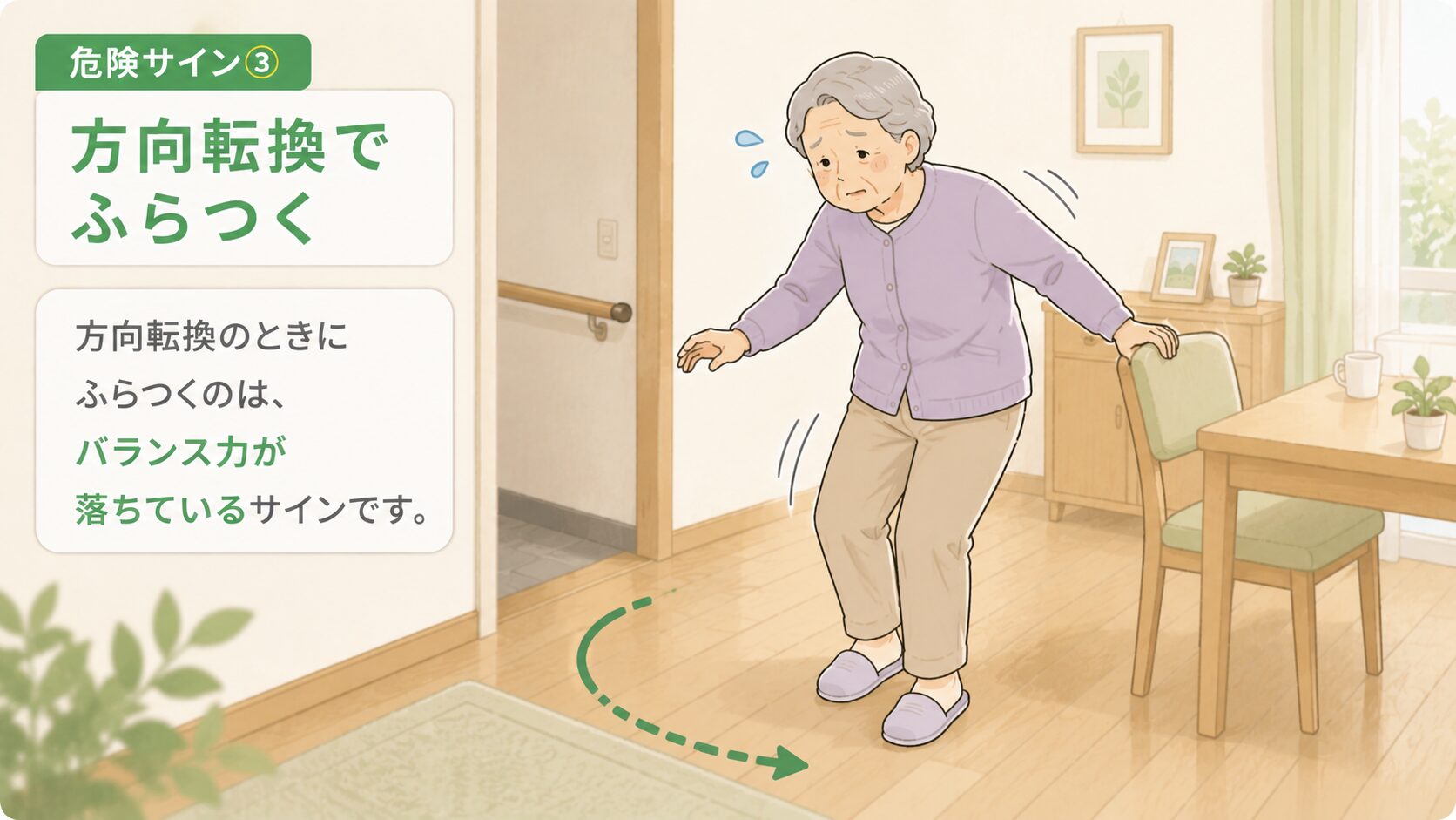危険サイン① 壁を触りながら歩く 家の中で転倒リスクが高い場面