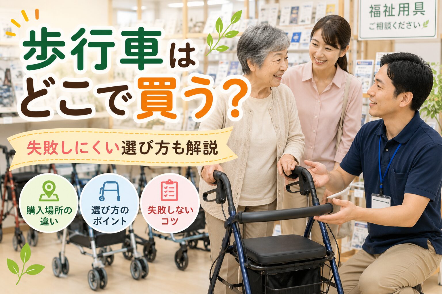 福祉用具店で歩行車を実際に試している高齢者と家族