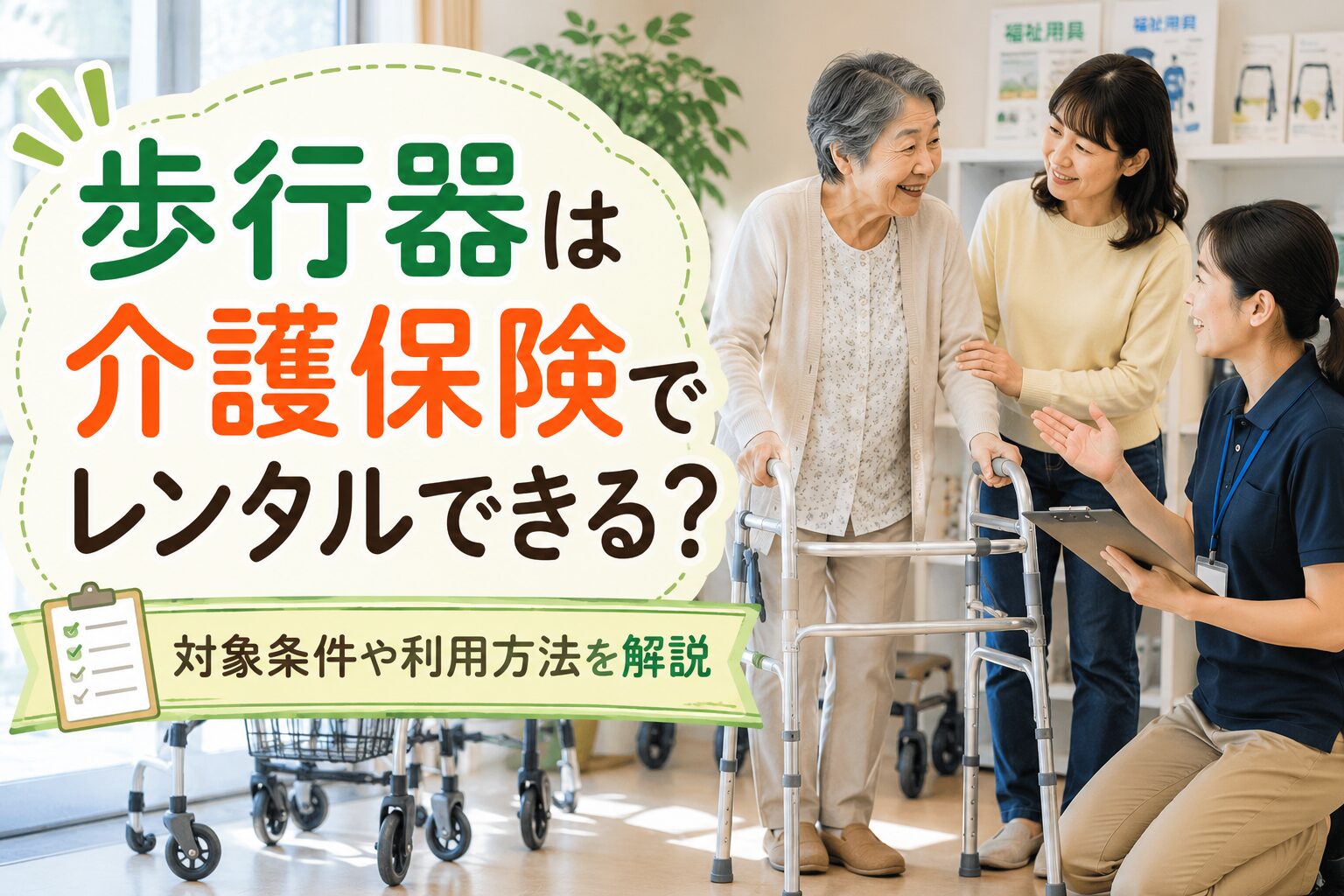 福祉用具店で歩行器を試している高齢者と家族