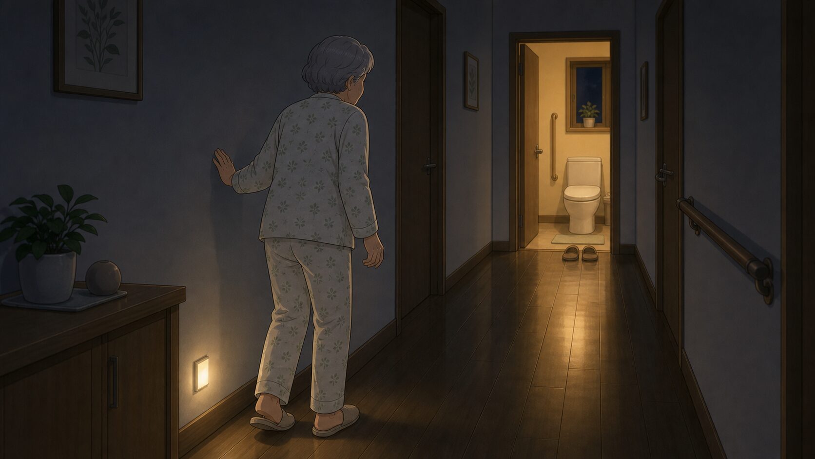 暗い廊下を歩く高齢者