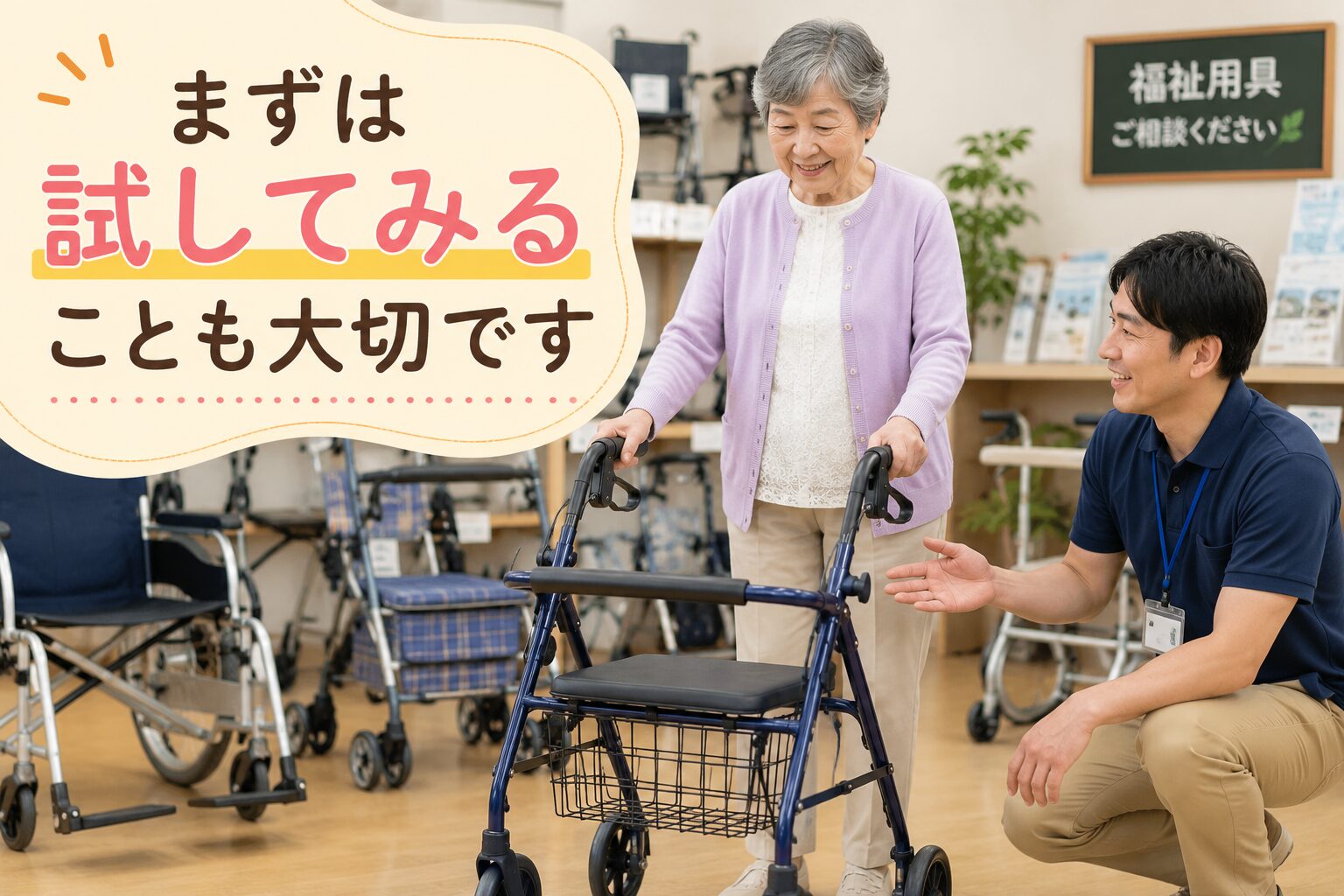 福祉用具事業所で歩行車を試している高齢者