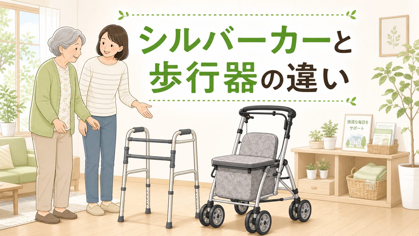 シルバーカーと歩行器の違いを家族で比較する高齢者