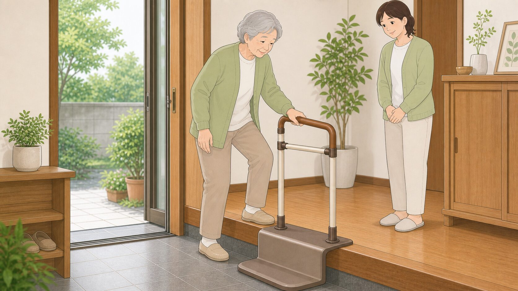 置き型手すりを設置した玄関