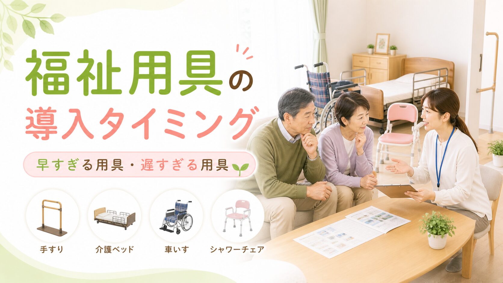 福祉用具の導入タイミングを相談する高齢者家族と専門相談員のアイキャッチ画像
