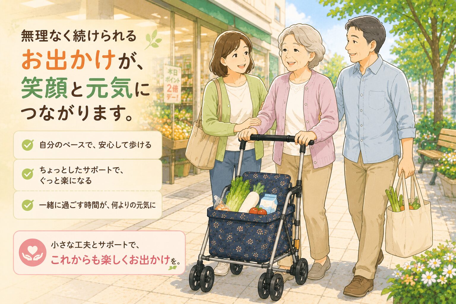 家族と一緒に無理なく外出している高齢者