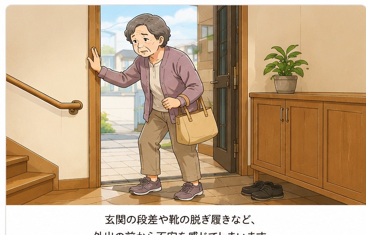 玄関で靴の脱ぎ履きに不安を感じている高齢女性と見守る家族のイラスト