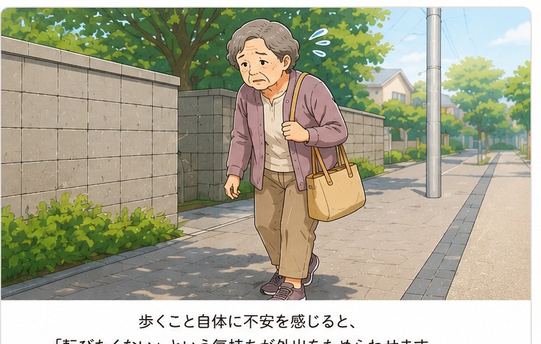 外出先の道路でおそるおそる歩いている高齢女性のイラスト