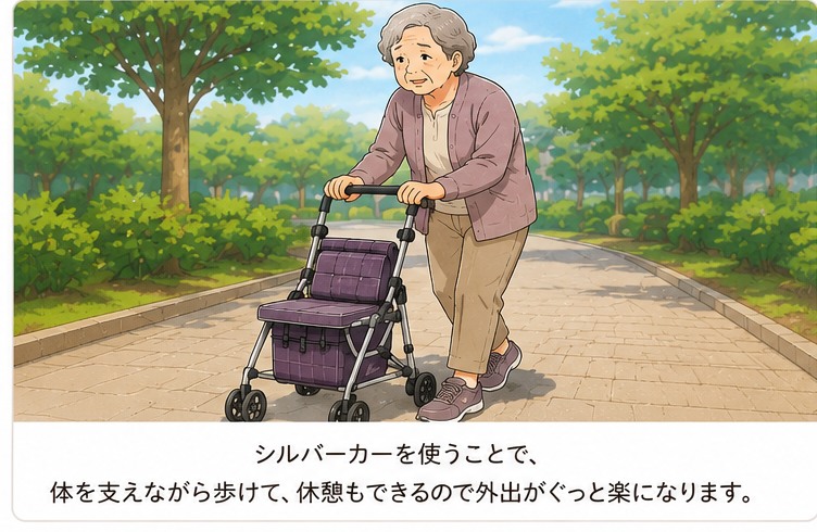 シルバーカーを使って安心して外出している高齢女性のイラスト