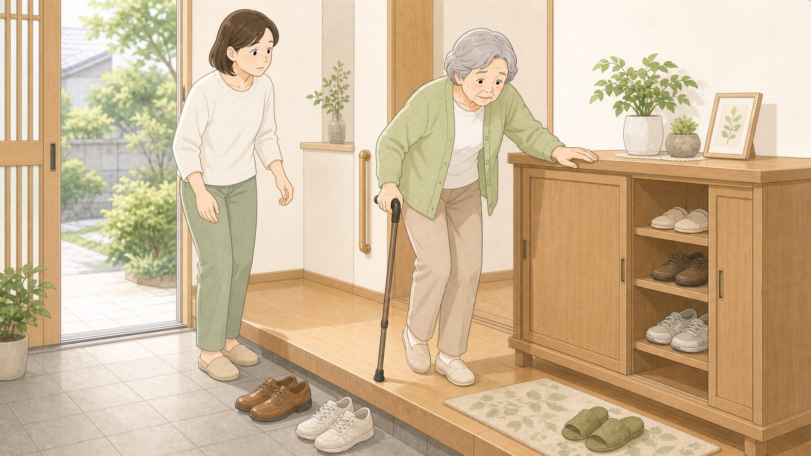 玄関で靴箱を支えにする高齢者
