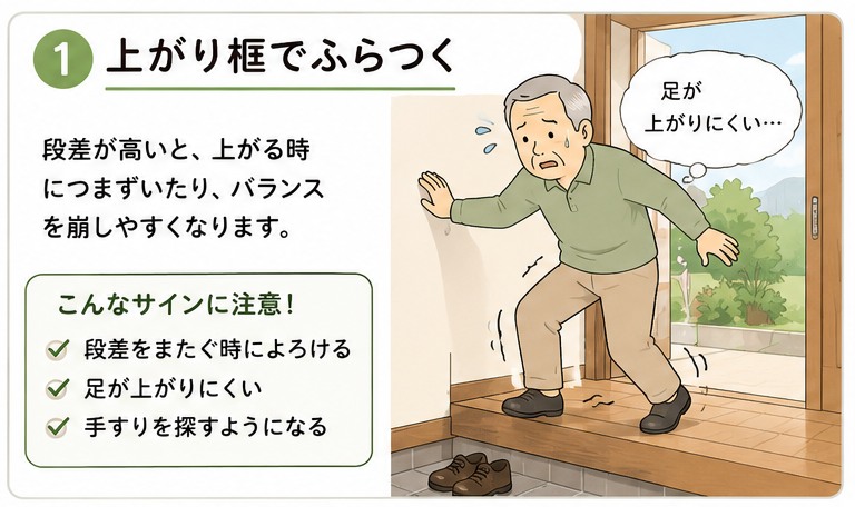 玄関の上がり框でふらつく高齢者のイラスト