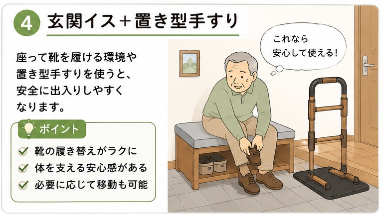玄関イスと置き型手すりを使う高齢者のイラスト