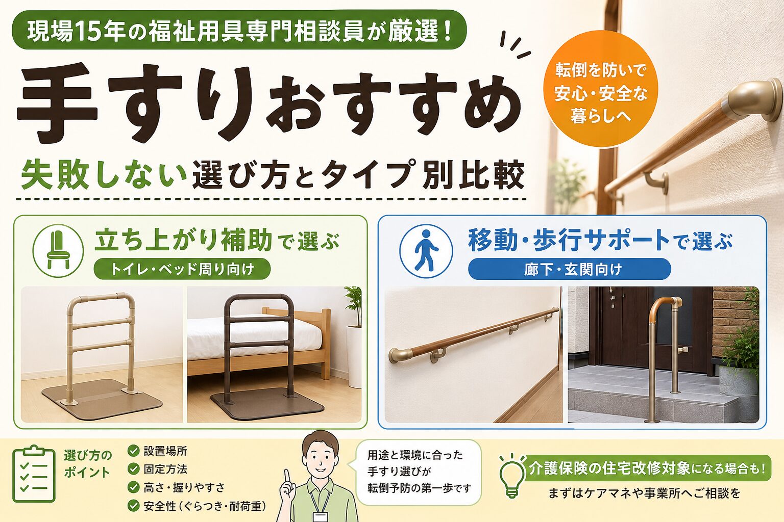手すりおすすめ。立ち上がり補助タイプと移動・歩行サポートタイプを比較したアイキャッチ画像