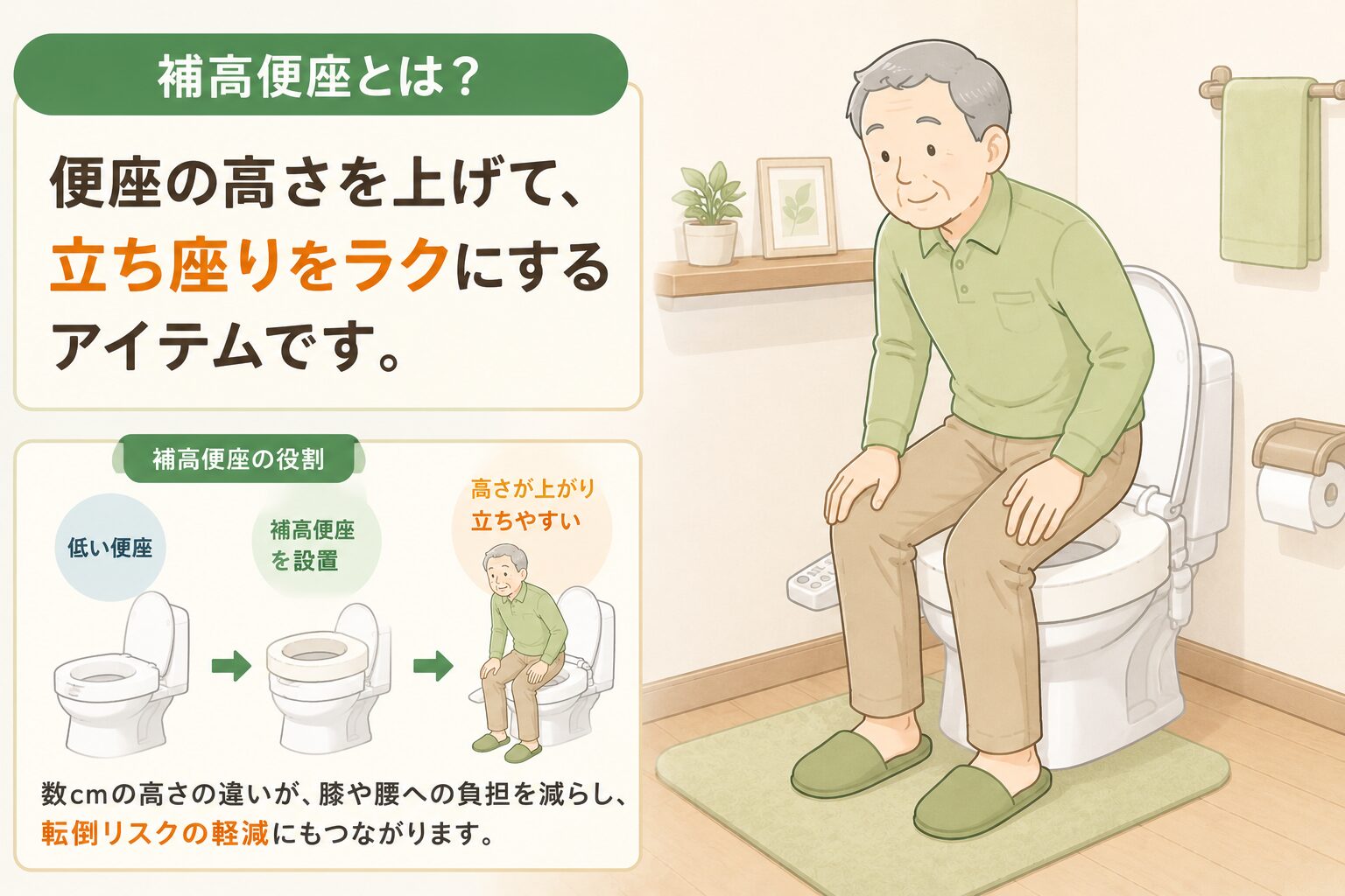 補高便座とは便座の高さを上げて立ち座りをラクにする福祉用具の図解