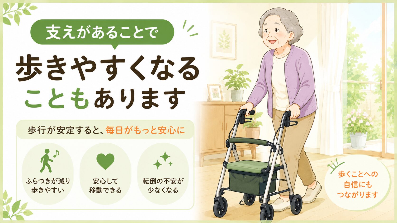 歩行器で支えがあることで歩きやすくなるイメージ