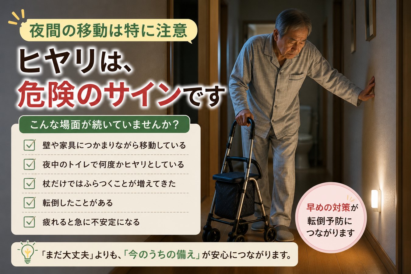 夜間の廊下で歩行器を使う高齢男性。ヒヤリは危険のサインで早めの対策が大切だと伝える画像