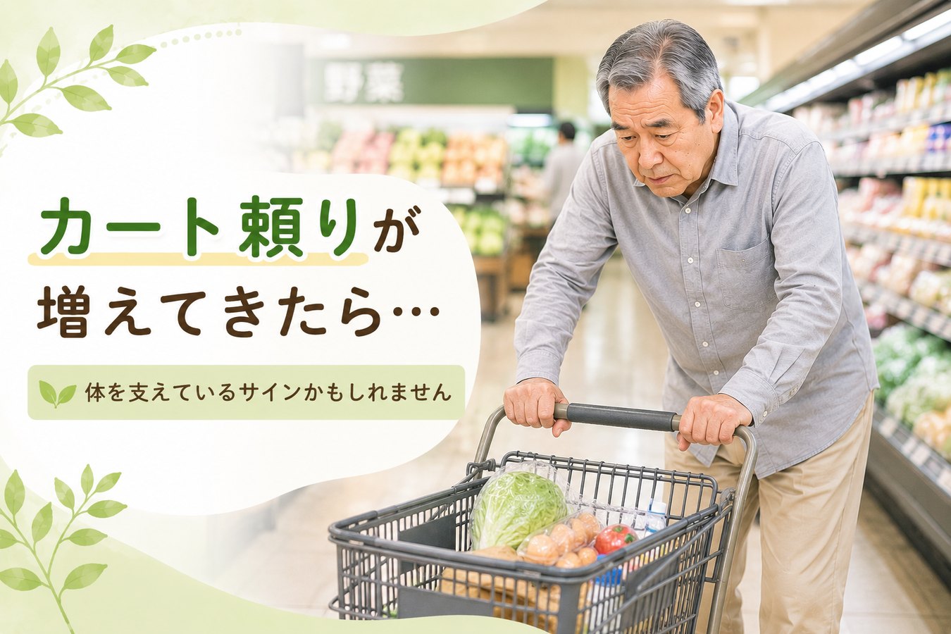 スーパーで買い物カートに体を預ける高齢男性。カート頼りが増えてきたら歩行器を考えるサインかもしれないことを示す画像