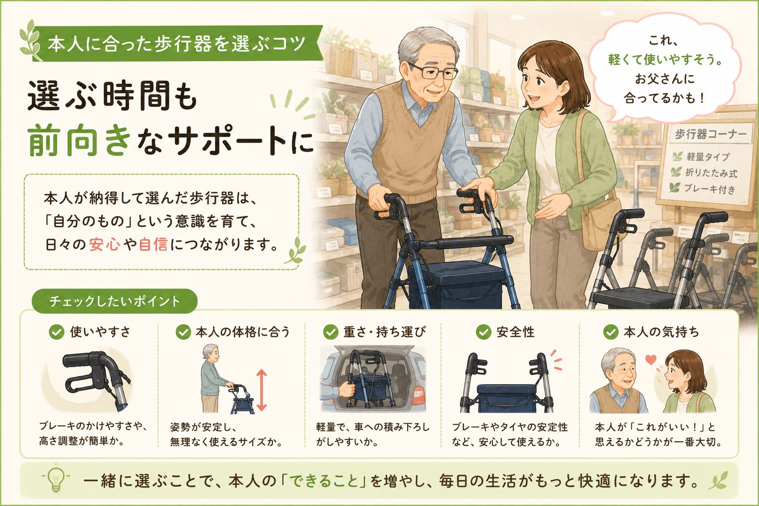 福祉用具ショップで歩行器を一緒に選ぶ高齢男性と娘のイラスト