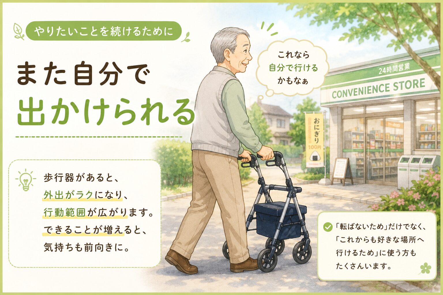 歩行器を使って自分でコンビニに出かける高齢男性のイラスト