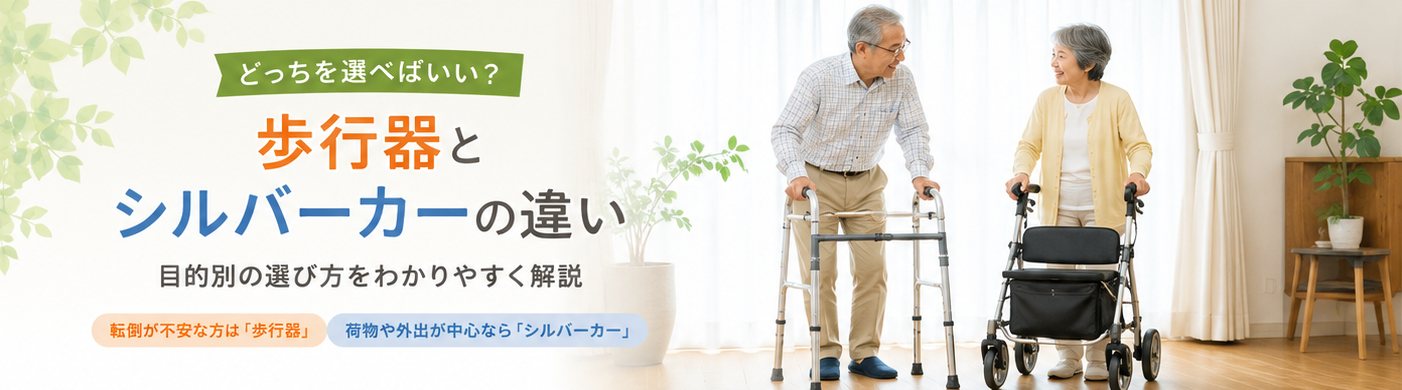 歩行器とシルバーカーの違いを説明するアイキャッチ