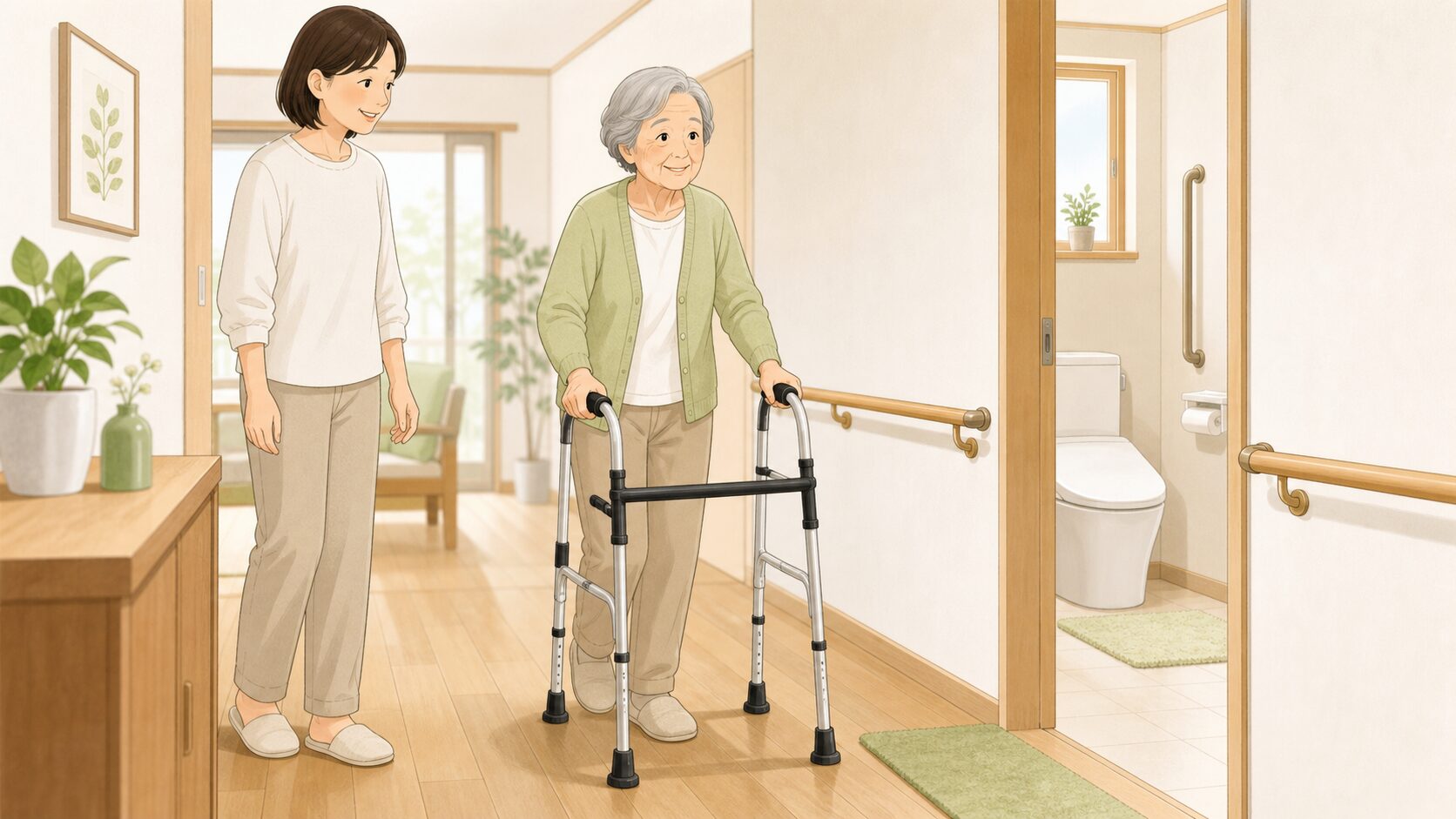 歩行器で室内を移動する高齢者