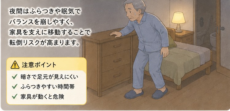 夜間に家具を支えに移動する高齢者