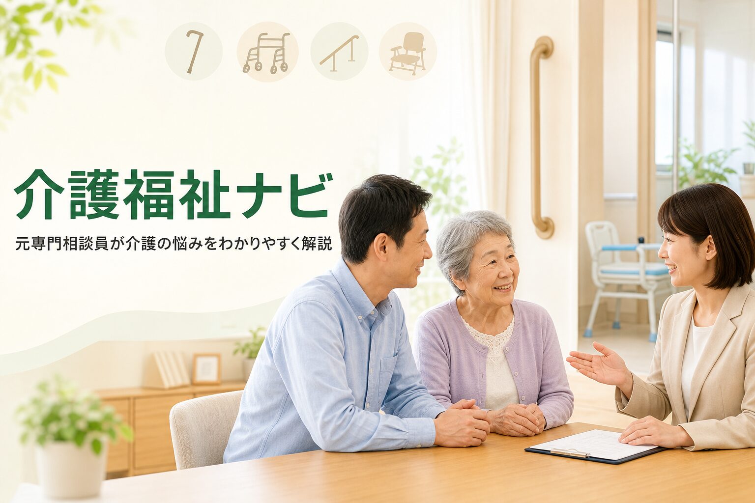 介護福祉ナビのメインビジュアル。元専門相談員が介護の悩みをわかりやすく解説する、やさしい介護相談のイメージ。