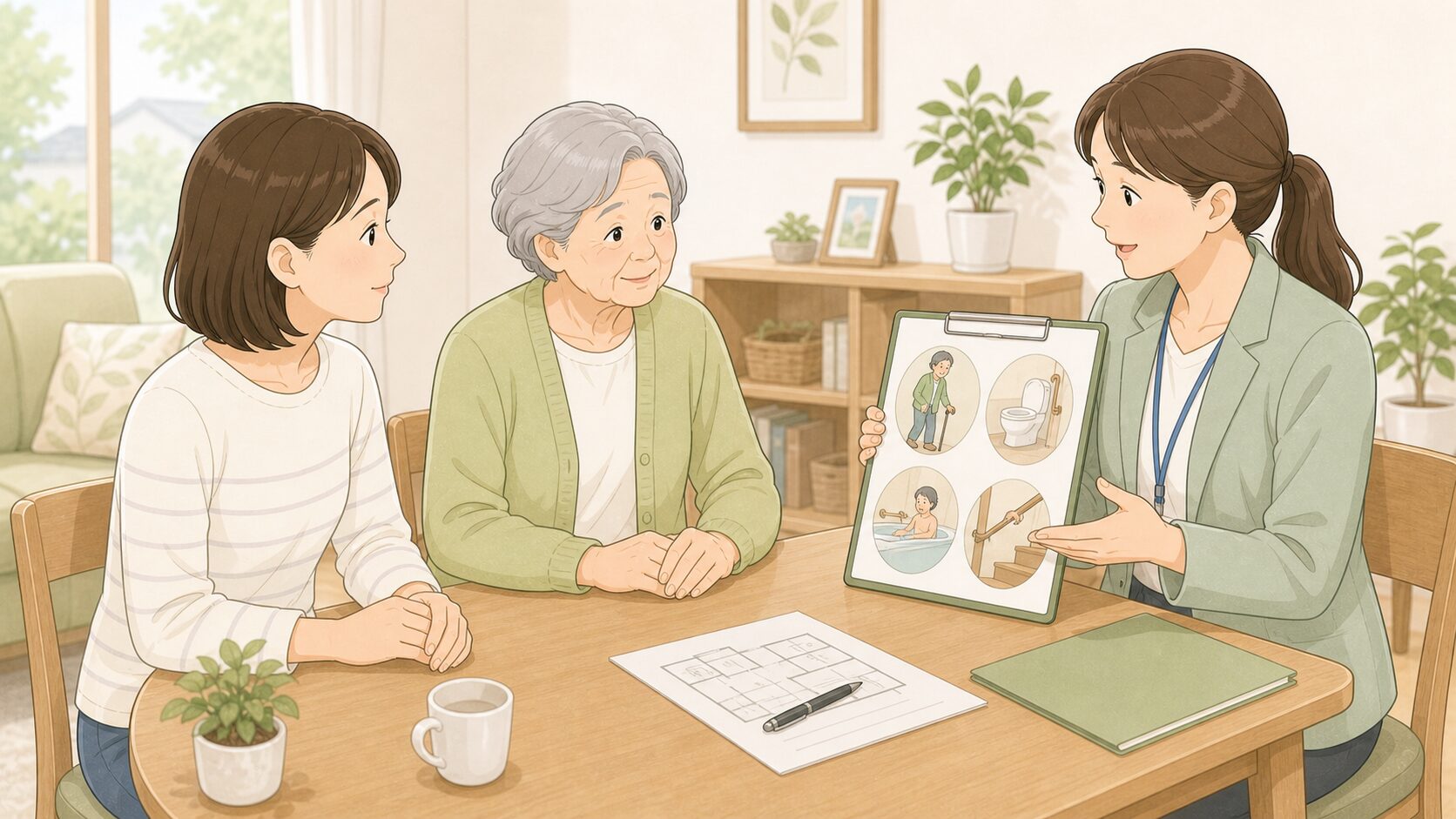 介護保険更新時に生活の変化を相談する高齢者と家族とケアマネジャー