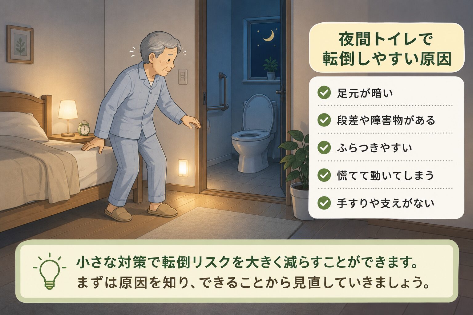 夜間トイレで転倒しやすい原因を説明するイラスト