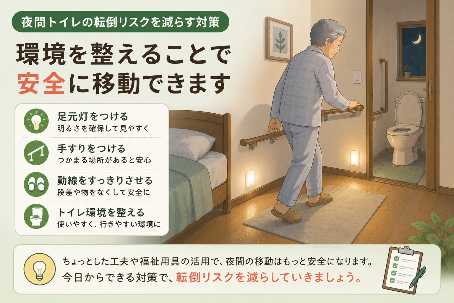 夜間トイレの転倒リスクを減らす対策を説明するイラスト