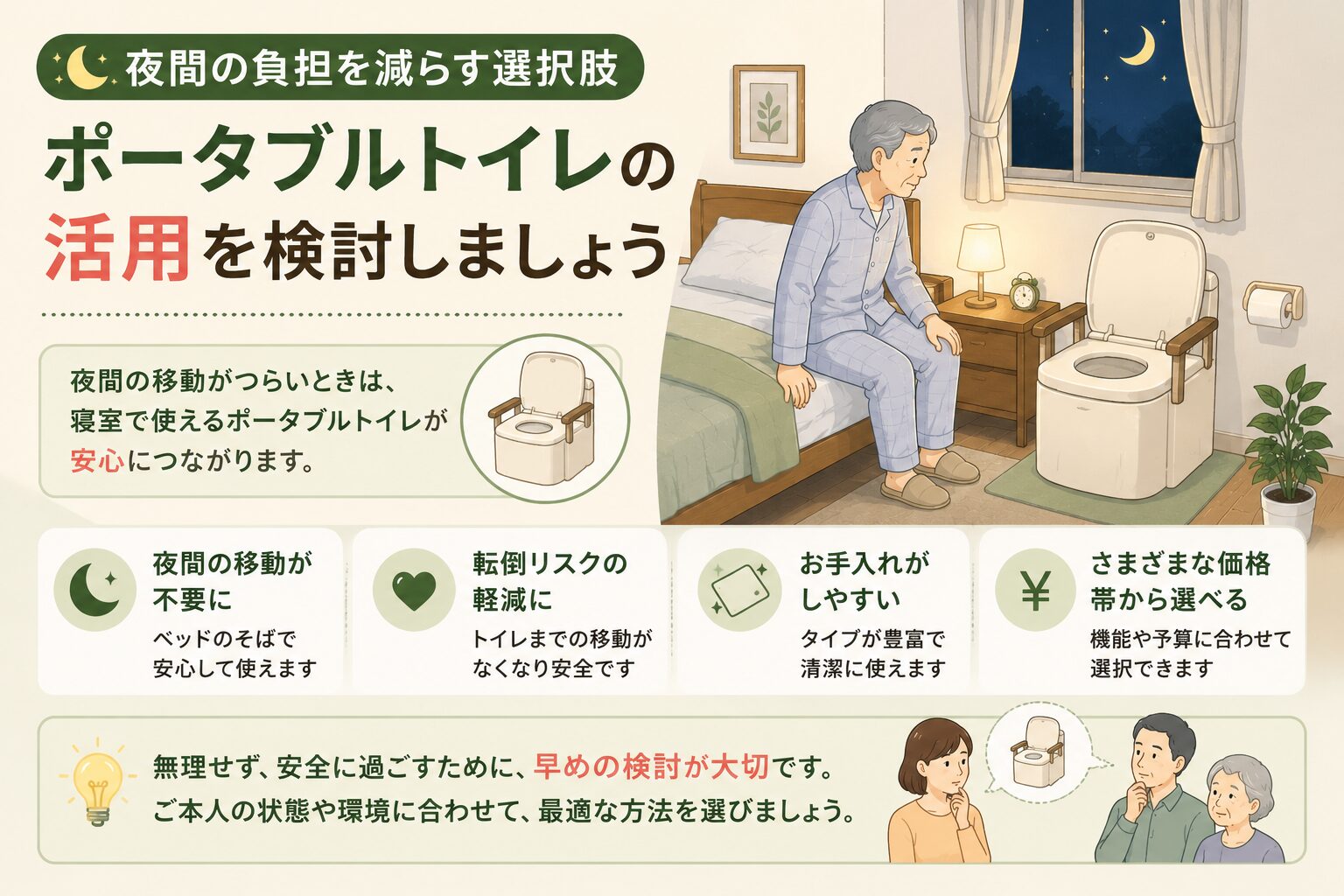 夜間の負担を減らすポータブルトイレの活用を説明するイラスト
