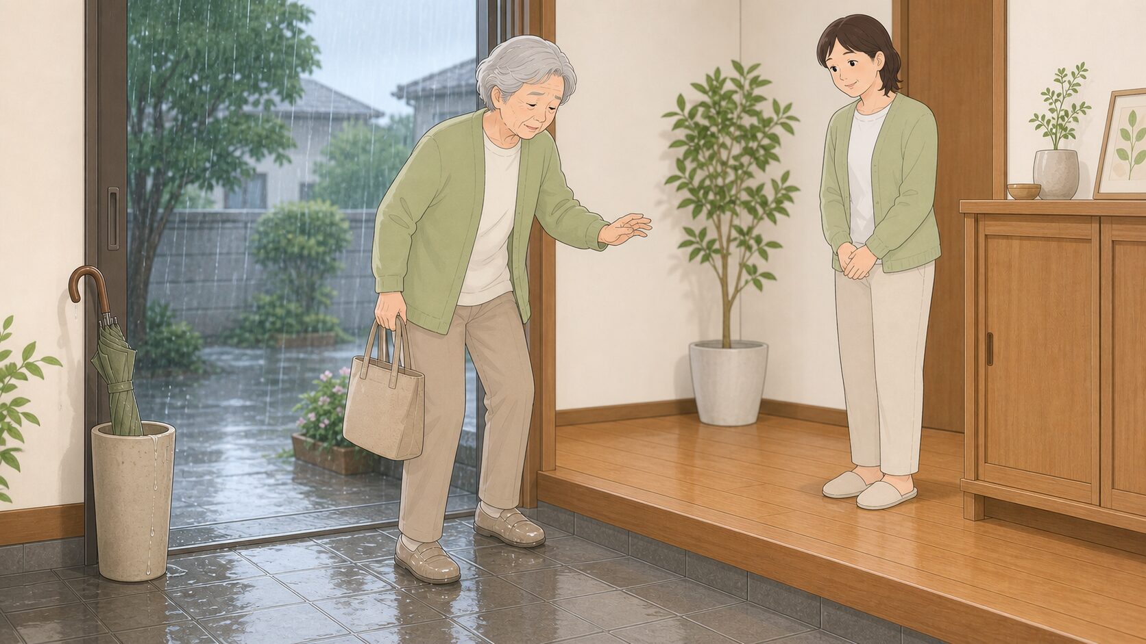 雨の日の玄関で不安定になる高齢者