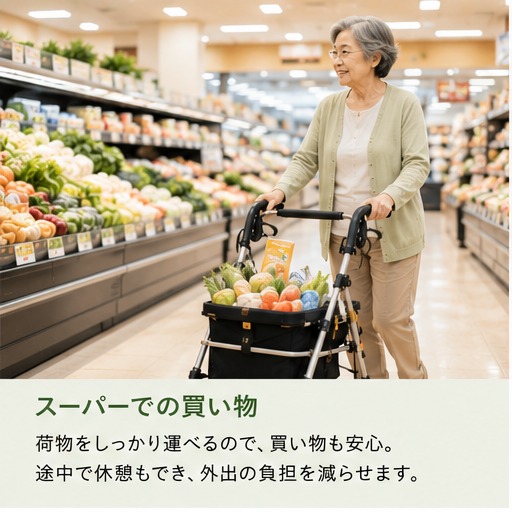 スーパーで荷物をシルバーカーに乗せて買い物する高齢女性