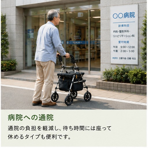 シルバーカーを押して病院入口に向かう高齢男性
