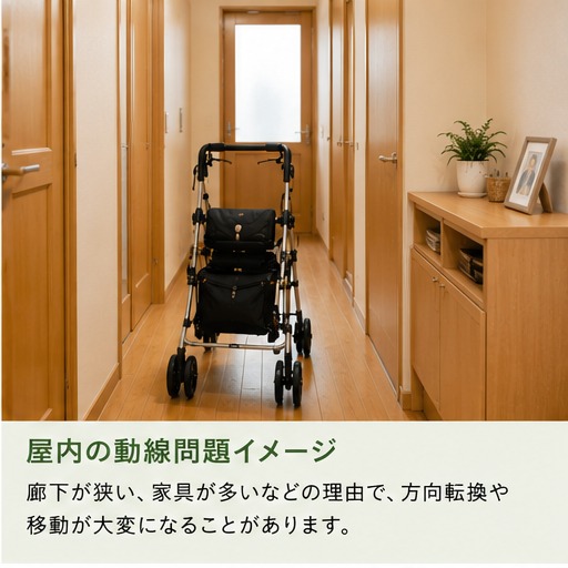 廊下にシルバーカーを置いた様子。狭い廊下では方向転換や移動が大変になる